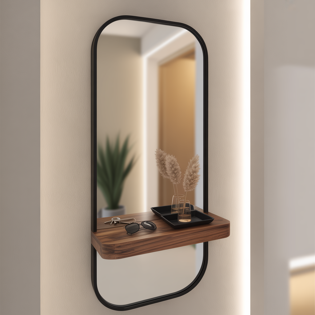 Mirrored Floor Mirror with Shelf Functional Entryway Organizer