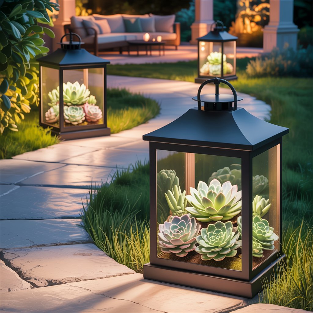  Pathway Marker Lanterns with Faux Succulents