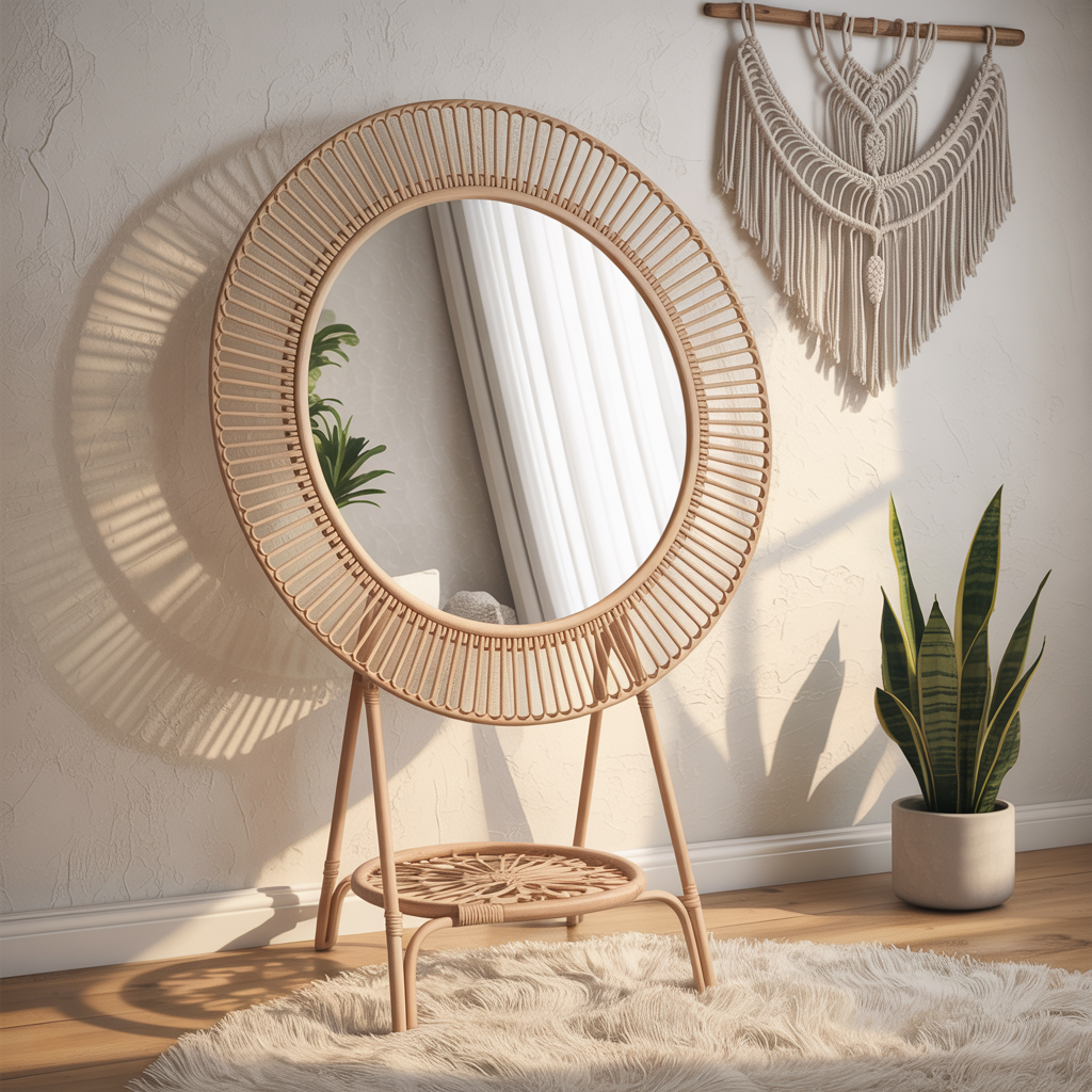  Round Floor Mirror with Rattan Boho-Chic Bedroom Accent