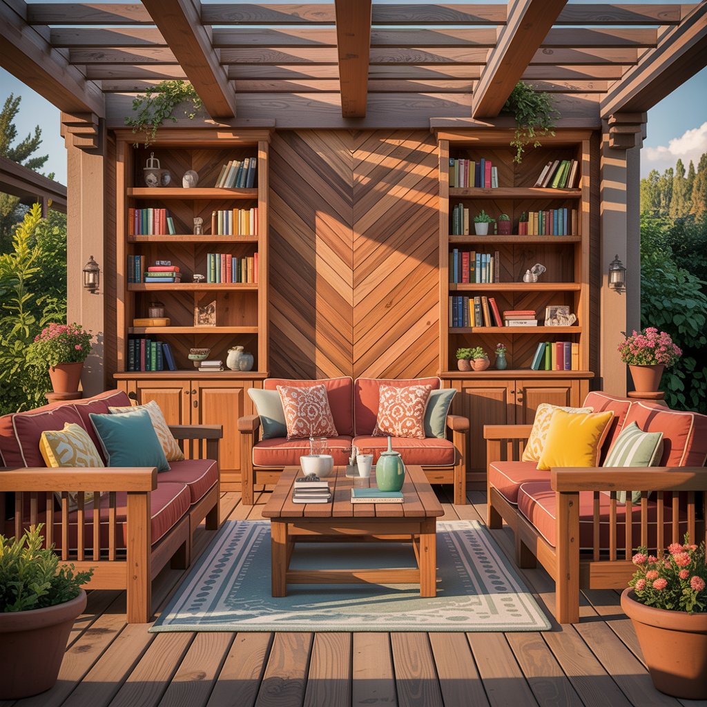 Wood Wall with Built-in Bookshelves