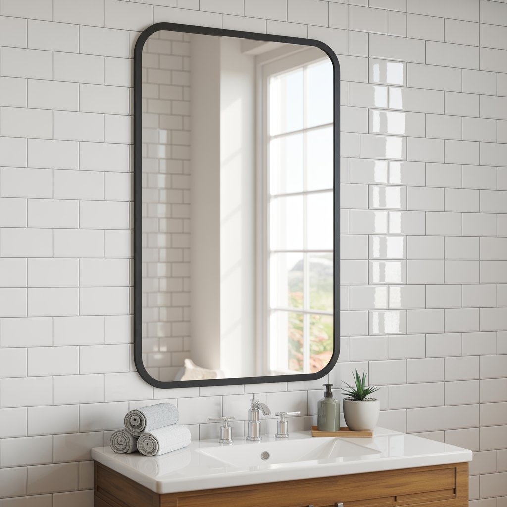 Black-framed rectangular mirror in bathroom with decor