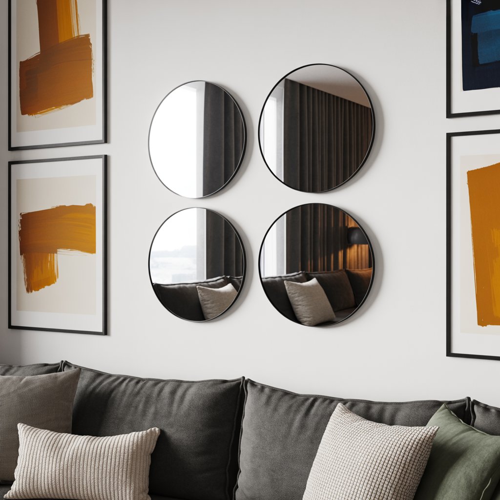 Grid of 4 BLODLÖNN mirrors above a sofa with abstract art