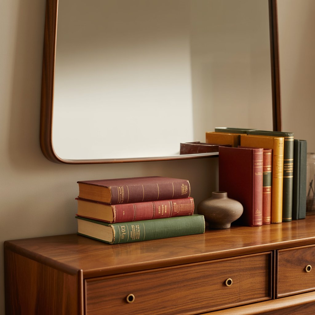 LINDBYN hung above a mid-century dresser with vintage books