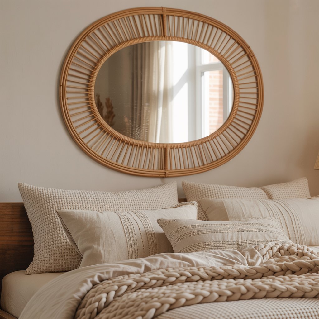 Oval rattan mirror above bed with textured bedding