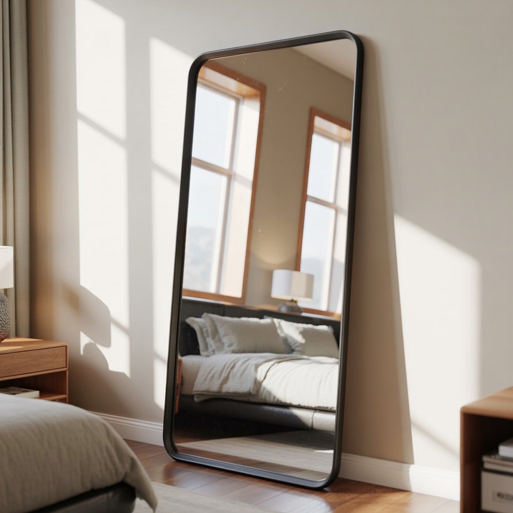 Tall black-framed mirror leaning in bedroom corner