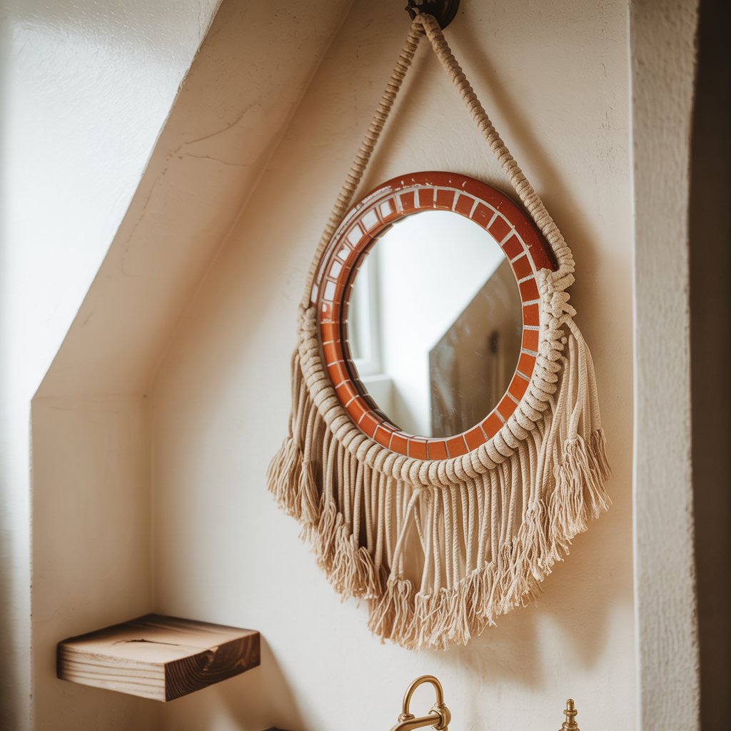 Boho Fringe and Terracotta Tile Hanging Mirror