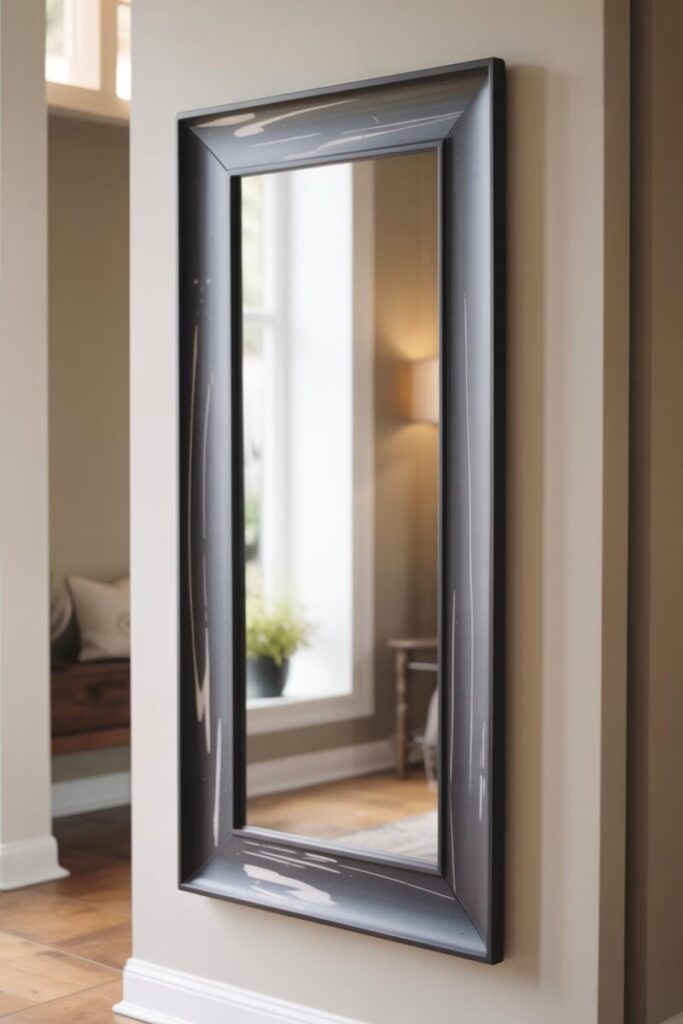 crisp black-painted rectangular mirror with subtle white wash finish in an entryway