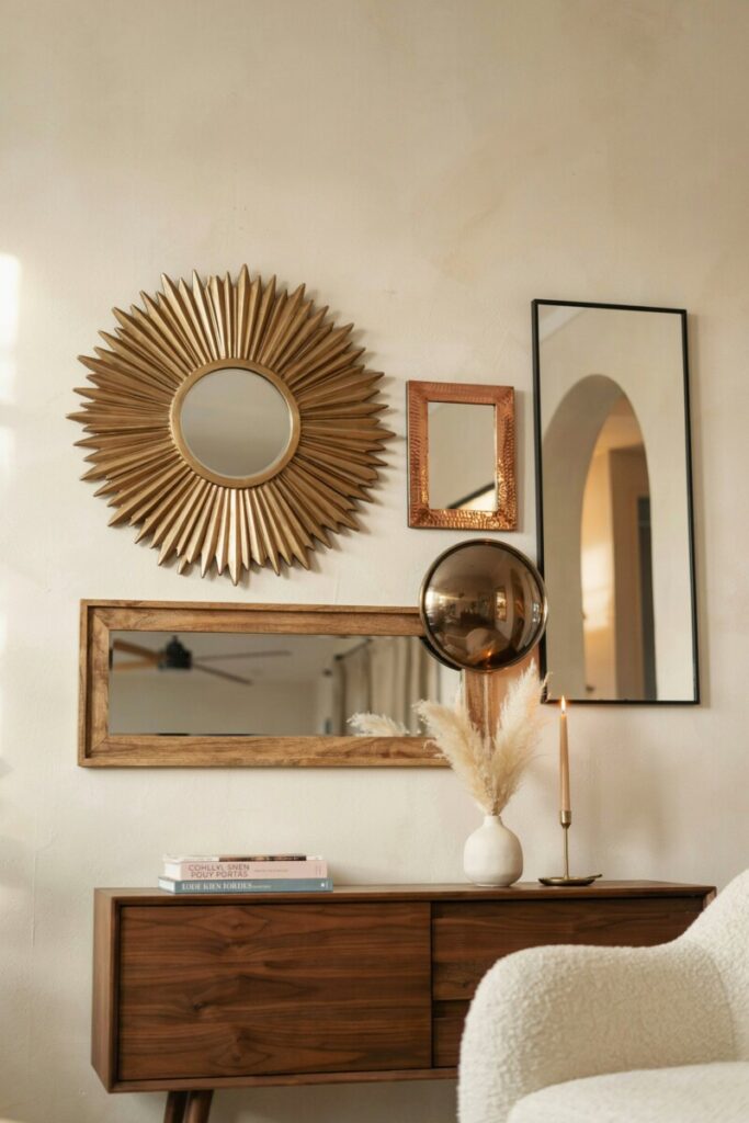 Layered Mirror Arrangement Mixing Sunburst and Rectangular Mirrors
